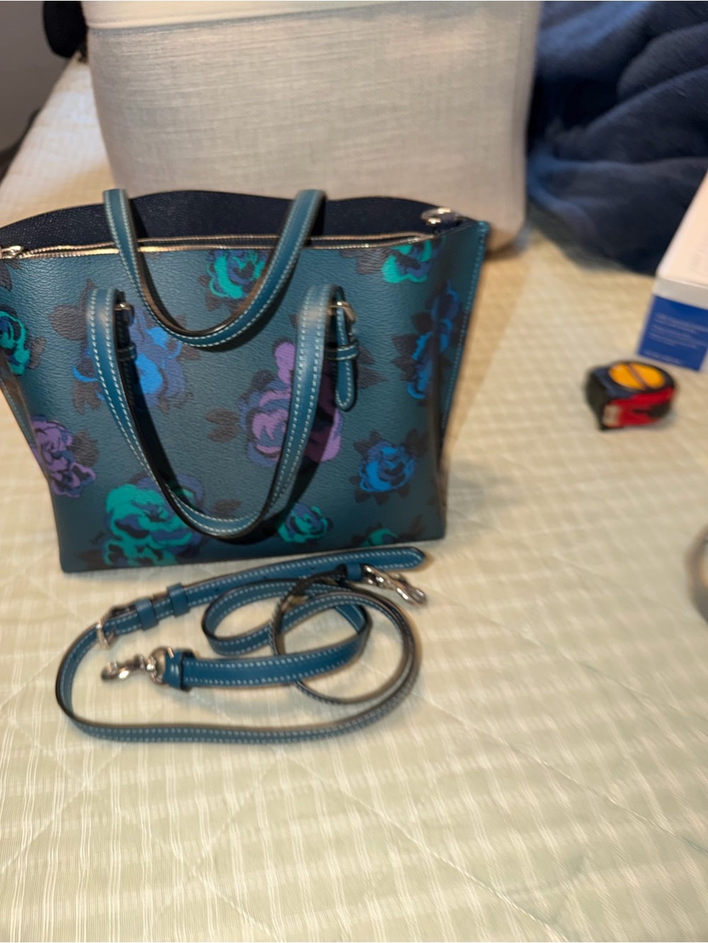 Coach Floral Leather Tote with Teal and Blue Accents - Picture 8 of 8